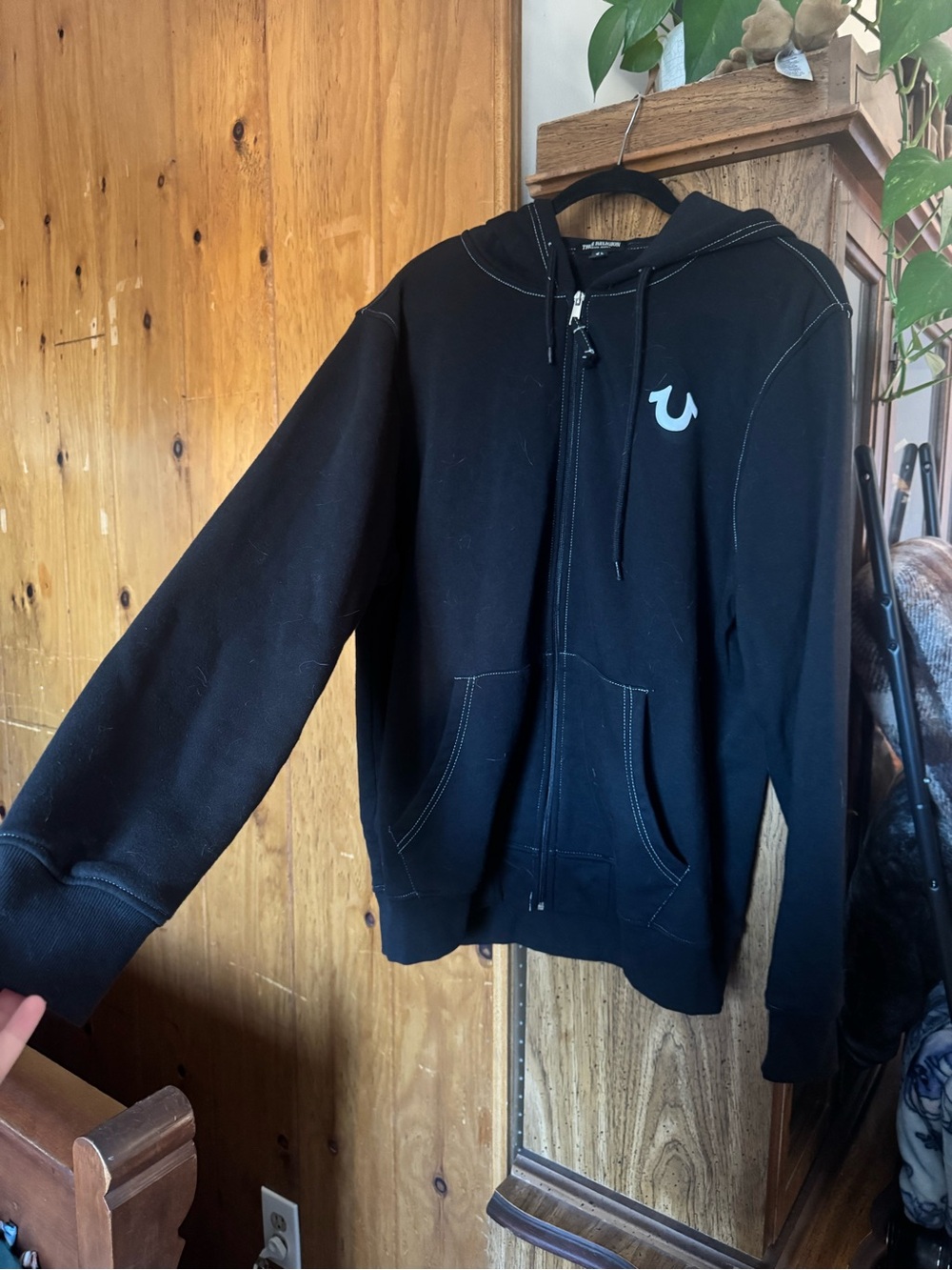True Religion Black Hoodie with White Stitching